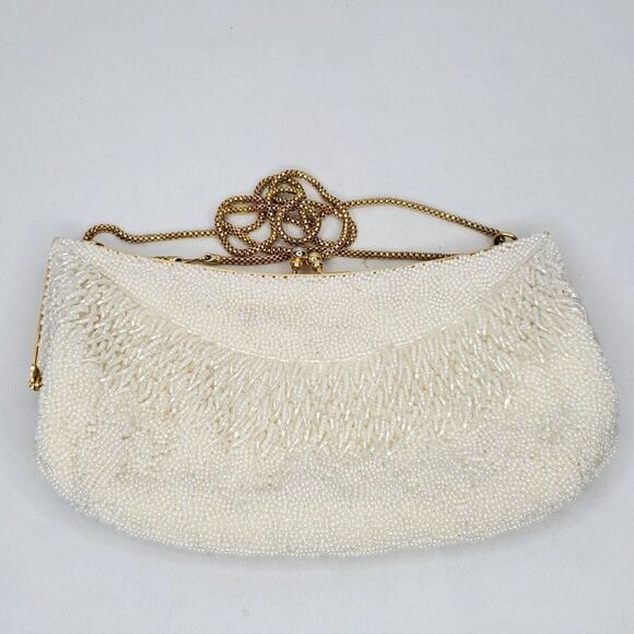 Vintage Walborg Beaded Formal Evening Bag Purse Pearlescent Iridescent Cream - Picture 2 of 9